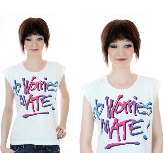 80s Vintage T-Shirt 90s Neon Graffiti Paint Australian No Worries Mate 80s Surf Surfer Beach Small S Medium