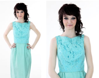 1960s Wiggle Dress Vintage 50s Cocktail 60s Mad Men Formal Blue Lace 1950s Small S XS