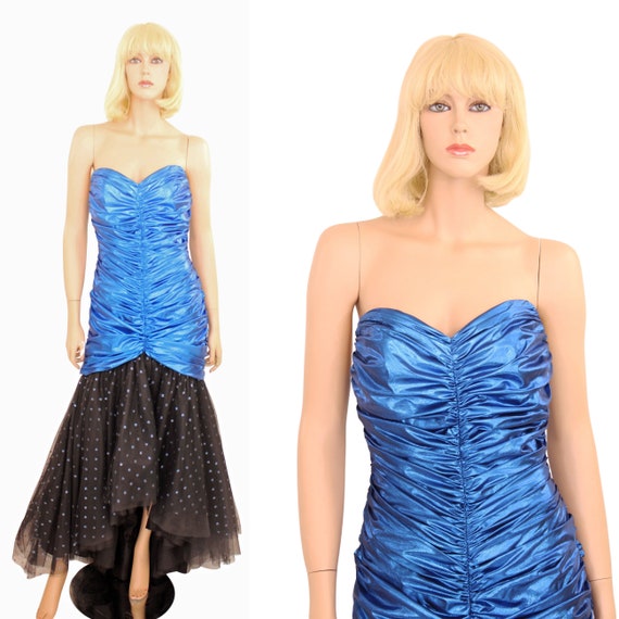 80s Blue Lame Evening Gown Prom Party Dress Metall