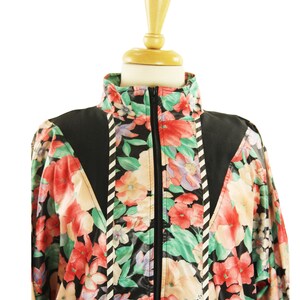 90s Floral Jacket Black White Striped Accents Pink Flowers M image 5