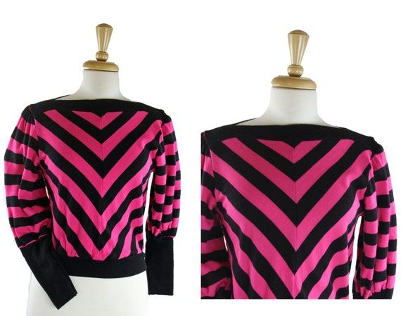 Vintage 80s Hot Pink Black Chevron Striped Puff Sl