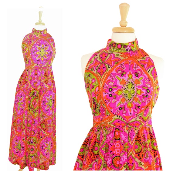 Vintage Psychedelic Neon Pink Floral Dress