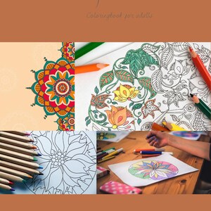 May include: A coloring book with the title "The art of mandala Coloring book for adults". The cover features a colorful mandala design, a black and white floral design, and a person coloring a mandala with colored pencils.