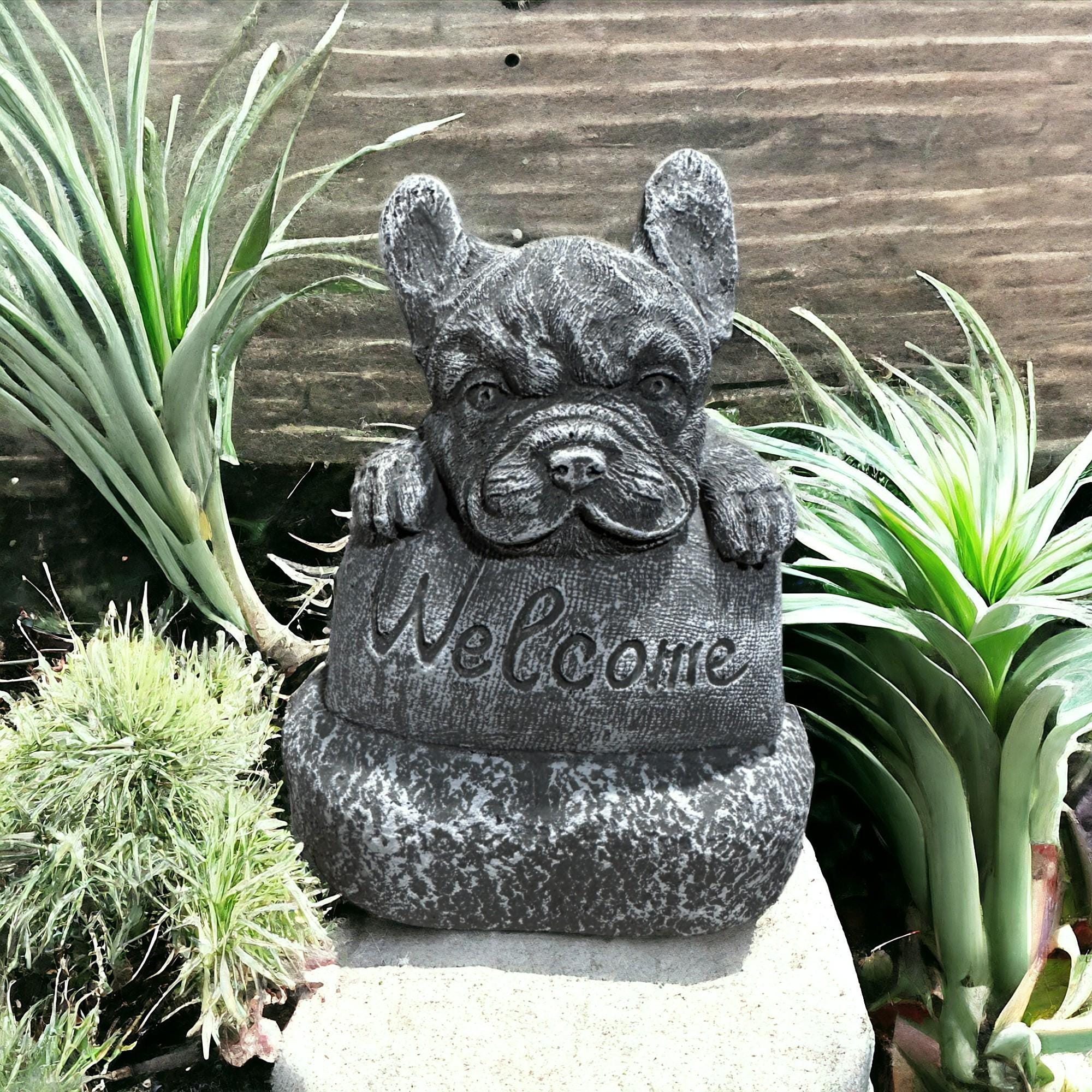 Französische Bulldogge Steinstatue – Frostsicher, Grau, Höhe 31 Cm, 9 Kg, Für Garten & Terrasse
