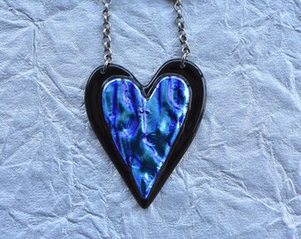 Black and Blue Cut Out Fused Glass Heart Necklace