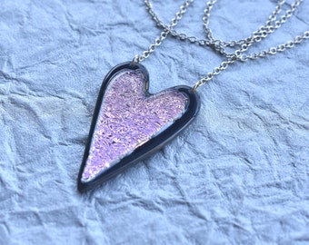Gray and Soft Pink Cut Out Fused Glass Heart Necklace