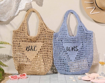 Personalized beach tote bag,Beach straw bag,Bachelorette party gift bag,Raffia beach bag,Bridal Shower Bag,Custom initials handle bag