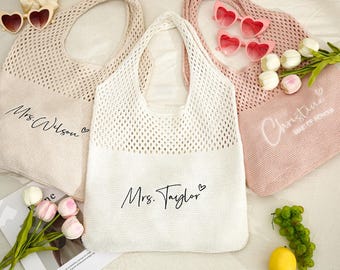 Personalized embroidered beach tote bag,Custom crochet bag,One shoulder embroidered knitted bag,Bachelorette party gift,Summer shoulder bag