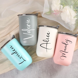 Vaso de acero inoxidable con nombre personalizado, taza de café con tapa, vaso de viaje pequeño, regalo de vaso de dama de honor personalizado, regalo de propuesta de dama de honor