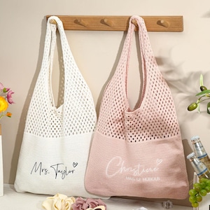 Bolso de playa bordado personalizado, bolso de crochet personalizado, regalo de despedida de soltera, bolso de punto bordado de un solo hombro, bolso de hombro de verano