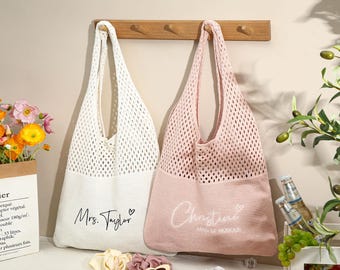 Personalized embroidered beach tote bag,Custom crochet bag,Bachelorette party gift,One shoulder embroidered knitted bag,Summer shoulder bag