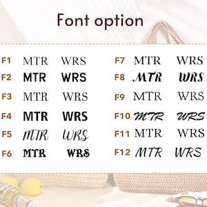 Op de afbeelding: Afbeelding met lettertype-opties, gelabeld van F1 tot en met F12. Elke optie toont de tekst "MTR" en "WRS" in verschillende lettertypestijlen. De tekst "Font option" staat bovenaan. De achtergrond is neutraal.