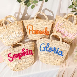 Personalisierte Stroh Brautjungfer Handtasche, Brautjungfer Strandtasche Geschenk, Junggesellinnenabschied Geschenkkorb, kundenspezifischer Brautjungfer Handgeschenkkorb