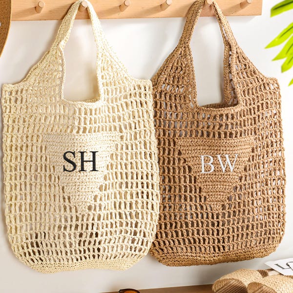 Gepersonaliseerde strandtas, strandtas van stro, tas voor een vrijgezellenfeest, cadeau voor een vrijgezellenavond, tas met initialen, raffia strandtas voor haar