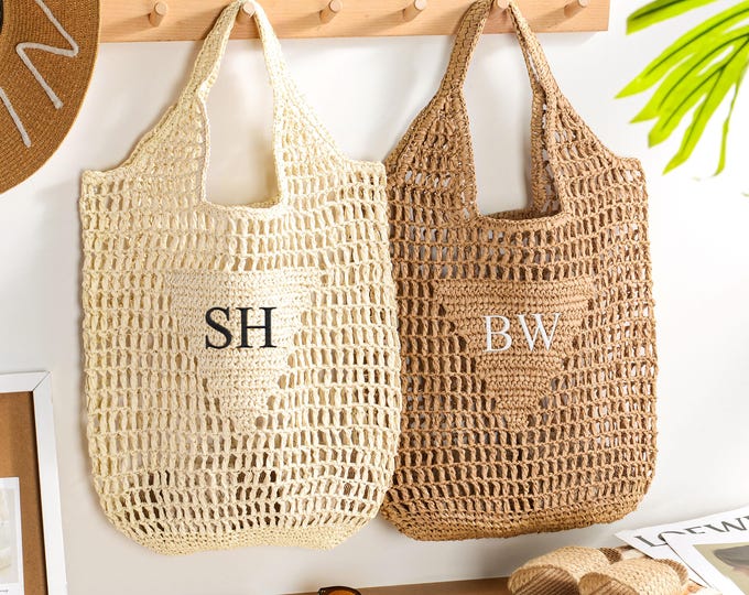 Personalized beach tote bag,Beach straw bag,Bridal Shower Bag,Bachelorette party gift,Custom initials bag,Raffia Trip Beach Bag For Her