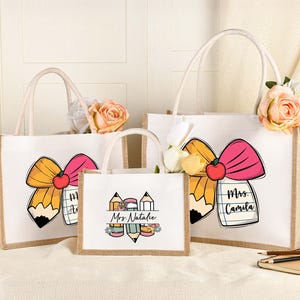 Sac fourre-tout personnalisé en toile pour professeur, sac-cadeau avec le nom de l'enseignant, sac-cadeau d'appréciation de l'enseignant, sac à noeuds coquette pour enseignant, cadeau sac fourre-tout pour enseignant