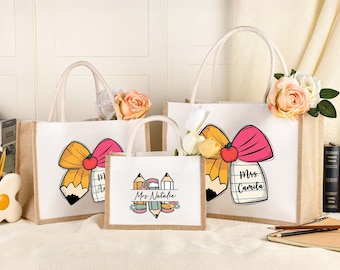 Personalized teacher canvas Tote bag,Back To School Teacher bag,Teacher Appreciation Gift Bag,Teacher Coquette bow bag,Teacher Tote bag gift
