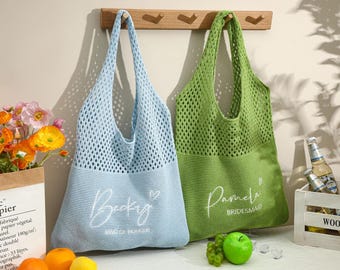 Personalized embroidered beach tote bag,Bachelorette party gift,Custom crochet bag,One shoulder embroidered knitted bag,Summer shoulder bag