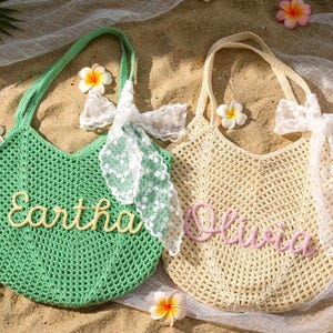 Bolso de playa personalizado, bolso de playa con nombre tejido a crochet, bolsas de regalo para damas de honor, bolso de playa de viaje, regalo de recuerdo de boda, bolso para despedida de soltera, regalo para ella. imagen 18