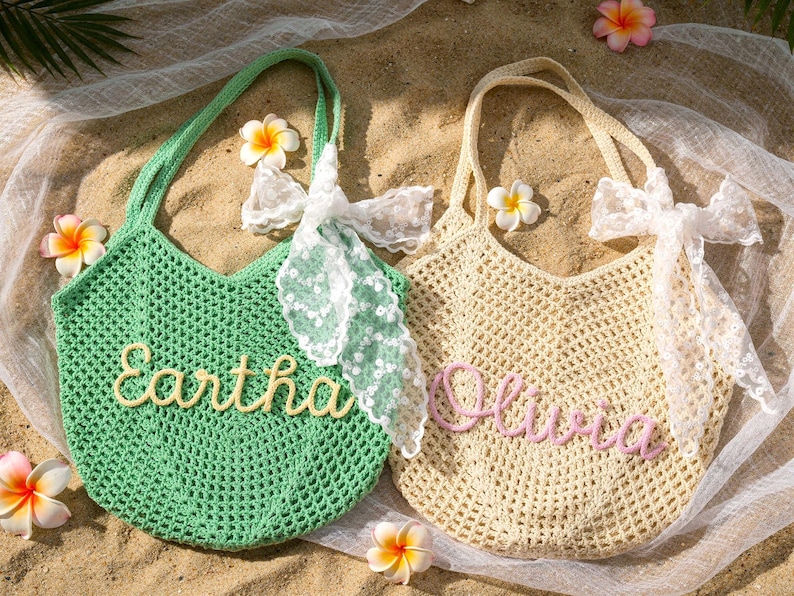 Bolso de playa personalizado, bolso de playa con nombre tejido a crochet, bolsas de regalo para damas de honor, bolso de playa de viaje, regalo de recuerdo de boda, bolso para despedida de soltera, regalo para ella. imagen 18
