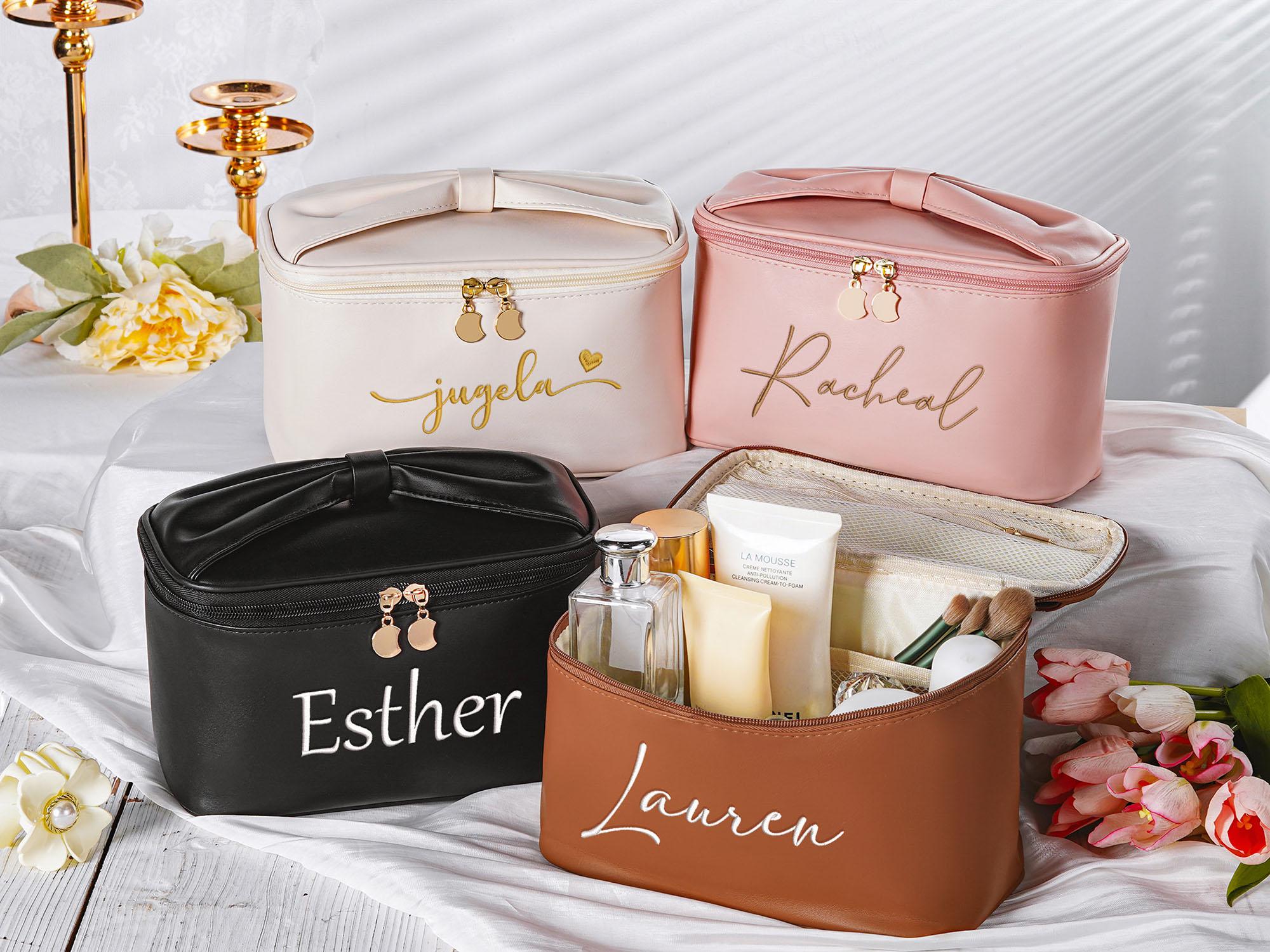 Personalized embroidered leather cosmetic bag,Large capacity cosmetic bag,Custom cosmetic storage bag,Bridesmaid gift,Travel makeup bag