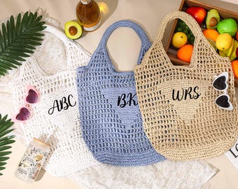 Personalized beach tote bag,Beach straw bag,Raffia beach bag,Girls travel tote bag,Custom initials handle bag,Bachelorette party gift bag