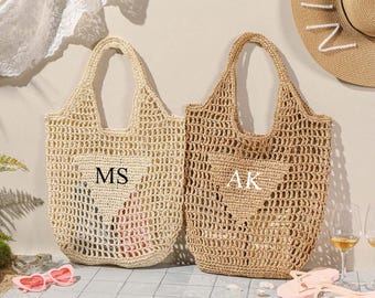Personalized beach tote bag,Beach straw bag,Bridal Shower Bag,Bachelorette party gift bag,Custom initials bag,Raffia Trip Beach Bag For Her
