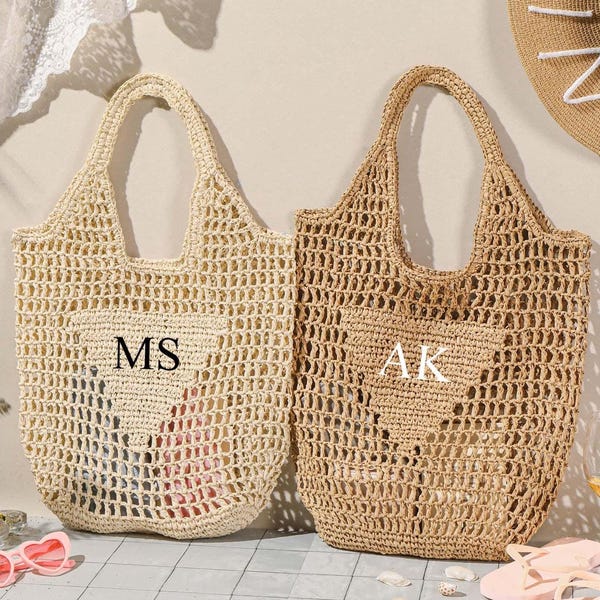 Personalized beach tote bag,Beach straw bag,Bridal Shower Bag,Bachelorette party gift bag,Custom initials bag,Raffia Trip Beach Bag For Her