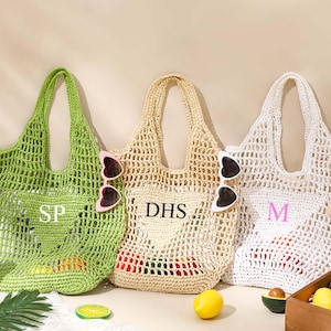 Personalisierte Strandtasche, Benutzerdefinierte Initialen Henkeltasche, Stroh Strandtasche, Mädchen Reise Tragetasche, Bast Strandtasche, Junggesellinnenabschied Geschenktasche