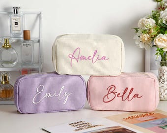 Personalized embroidered makeup bag,Custom name corduroy makeup bag,Bridesmaid gift,Bachelorette party gift,Travel lettered cosmetic Bag