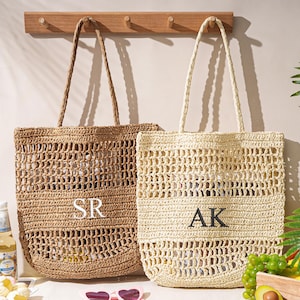 Personalisierte Strandtasche, Strandtasche, Brautpartytasche, Junggesellinnenabschied Geschenktasche, Benutzerdefinierte Initialen Tasche, Raffia Reise Strandtasche für Sie