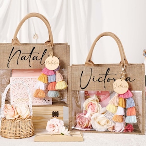 Personalisierte Sackleinen-Einkaufstasche, benutzerdefinierte Name Jute-Tasche, Junggesellinnenabschiedgeschenk, beschriftete Strandtasche, Brautjungfer Vorschlag Geschenktasche, Strandtasche