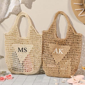 Sac fourre-tout de plage personnalisé, sac de paille de plage, sac de douche nuptiale, sac cadeau enterrement de vie de jeune fille, sac personnalisé initiales, sac de plage voyage en raphia pour elle
