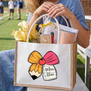 Personalisierte Lehrer Leinwand Tragetasche, Zurück zu Schule Lehrer Tasche, Lehrer Wertschätzung Geschenktasche, Lehrer Coquette Bogen Tasche, Lehrer Tragetasche Geschenk