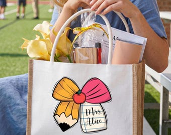 Personalized teacher canvas Tote bag,Back To School Teacher bag,Teacher Appreciation Gift Bag,Teacher Coquette bow bag,Teacher Tote bag gift