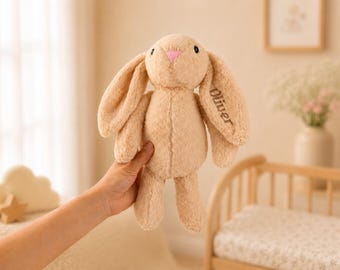 Gepersonaliseerde pluche konijn met naam op het oor, op maat geborduurd konijn babycadeau, paashaas knuffeldier, babyshower aandenken cadeau