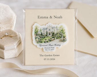 Custom Wedding Favor Magnet with Backing Card, Personalized Venue Illustration Keepsake, Acrylic Save the Date Magnet,Guest Gift for Wedding