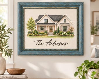 Personalized Hand Embroidered Family Name Sign with House Watercolor Portrait,  Newlywed Gift, Housewarming Gift, Realtor Gift