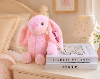 Gepersonaliseerde pluche konijn met naam op het oor, op maat geborduurd konijn babycadeau, paashaas knuffeldier, babyshower aandenken cadeau