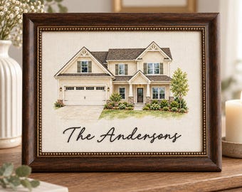 Personalized Hand Embroidered Family Name Sign with House Watercolor Portrait,  Newlywed Gift, Housewarming Gift, Realtor Gift