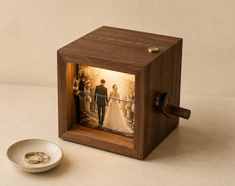 Coffret photo de mariage personnalisé avec éclairage intégré, boîte à photos en bois à manivelle, cadeau d'anniversaire pour couple, souvenir de mariage