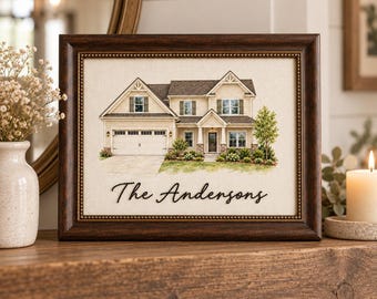 Framed House Watercolor Portrait, Personalized Family Name Hand Embroidery, Housewarming Gift, Newlywed Gift, Realtor Gift