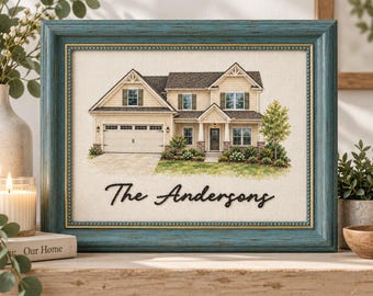 Personalized Hand Embroidered Family Name Sign with House Watercolor Portrait,  Newlywed Gift, Housewarming Gift, Realtor Gift