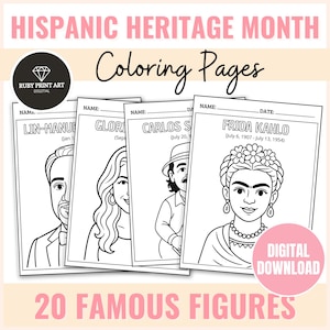 May include: A set of black and white coloring pages featuring famous Hispanic figures, including Frida Kahlo. The pages are labelled with names and dates, with the text "Hispanic Heritage Month" and "Coloring Pages" at the top. The image also includes the text "20 Famous Figures" and "Digital Download."