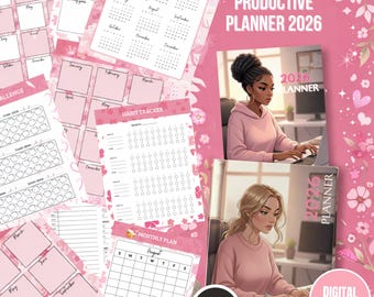 Women Productive Planner 2026 Pink Floral Digital Planner Goal & Habit Tracker Yearly Monthly Weekly Daily Planner Productivity Vision Board