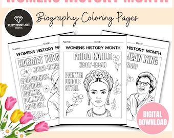 Women's History Month Informational Coloring Pages-40 Biography Coloring Posters-March Activity