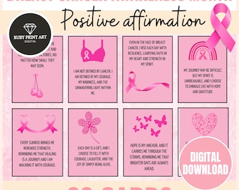 Breast Cancer Awareness Affirmation Cards, Pink Ribbon Quotes (Digital Download)