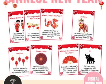 Chinese New Year Fact Cards: Lunar Zodiac, Cultural Activities (Digital Download)