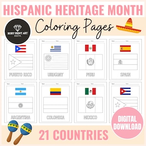 May include: A set of Hispanic Heritage Month coloring pages featuring 21 countries. Each page includes a flag and the country name. The design includes a sombrero, maracas, and the text "HISPANIC HERITAGE MONTH Coloring Pages" and "DIGITAL DOWNLOAD".