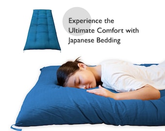 Authentic Japanese Futon | Artisan-Made Shikibuton with 100% Natural Cotton and Silk Yarn | Tokyo Blue